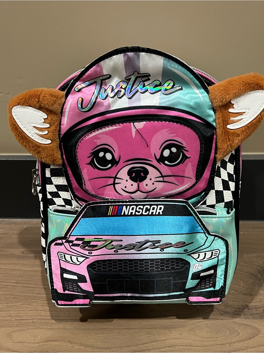 Justice Pink and Teal Racecar Backpack Girls 
NWT $15